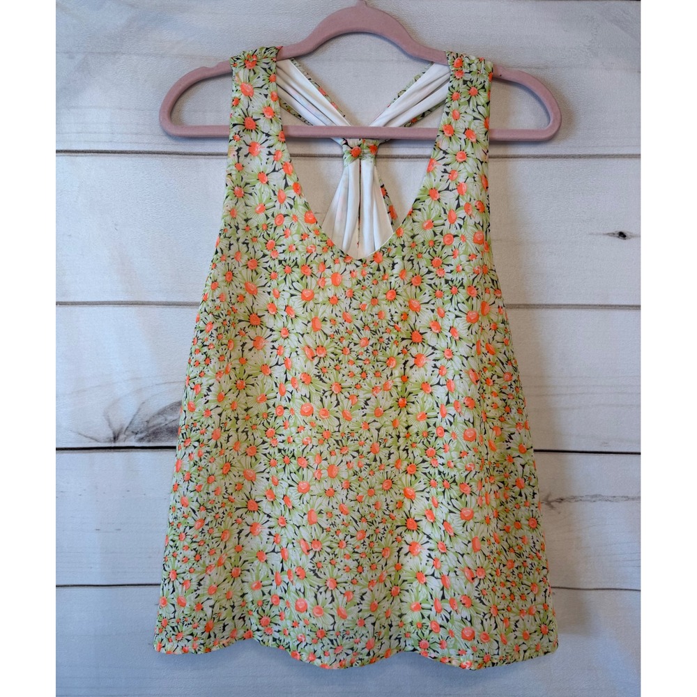 Entro Women Green Orange Floral Daisy Twisted Racerback Tank Top T14467 Size M